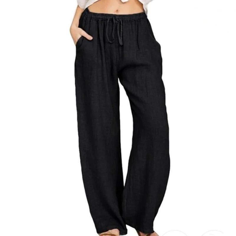 Urban Leisure Big Size Women Pants Solid Loose Linen Pants Women Clothing Drawstring Wide Leg Pants Women Streetwear