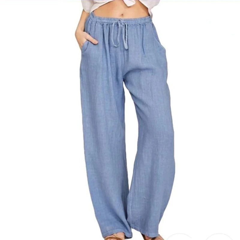 Urban Leisure Big Size Women Pants Solid Loose Linen Pants Women Clothing Drawstring Wide Leg Pants Women Streetwear