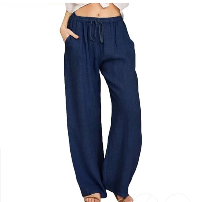 Urban Leisure Big Size Women Pants Solid Loose Linen Pants Women Clothing Drawstring Wide Leg Pants Women Streetwear