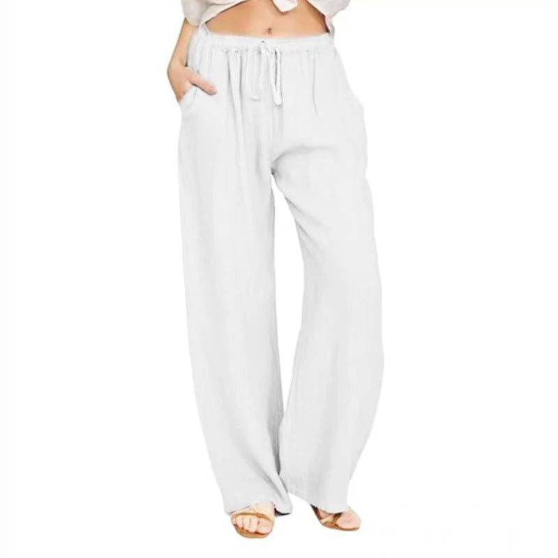 Urban Leisure Big Size Women Pants Solid Loose Linen Pants Women Clothing Drawstring Wide Leg Pants Women Streetwear