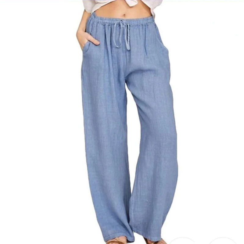 Urban Leisure Big Size Women Pants Solid Loose Linen Pants Women Clothing Drawstring Wide Leg   Pants Women Streetwear